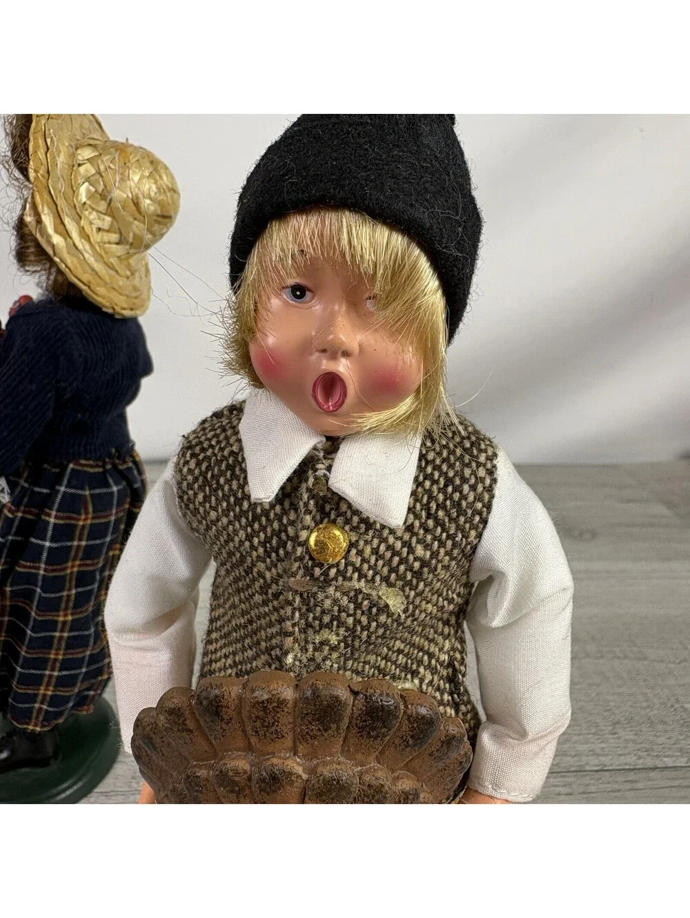 Vintage Thanksgiving Pilgrim Boy Girl Dolls Turkey Flowers 10” Pair